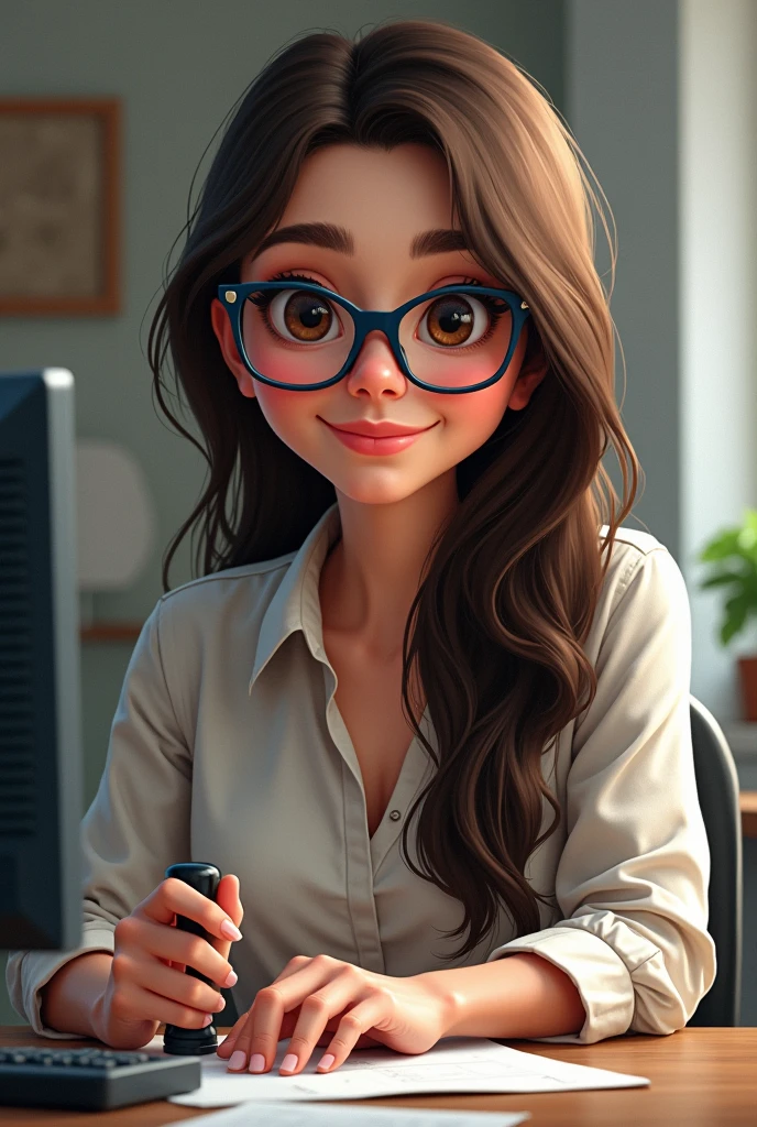 drawing of a brunette woman, with hair parted on the side and long, dark brown color , wearing reading glasses with a half-rectangular frame in blue and black, with small dark brown eyes , with thick and well-defined eyebrows, with a round face and big cheeks,  square jaw, wearing casual clothes, working on a computer, happy and satisfied facial expression with what you do at work, holding a stamp in one hand 