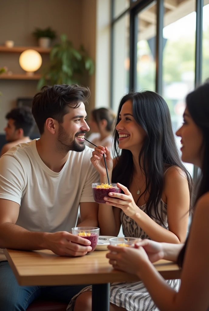 Man and realistic girlfriend , At the acai shop ,black hair eating acai , with friends Ultra HD, high qualiy, best qualityer, high resolution, 8k, 16K
