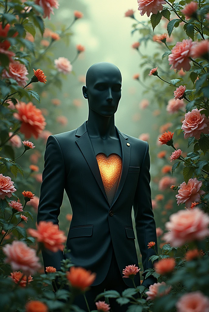 Faceless man surrounded by flowers with a hole in his chest in the shape of a heart