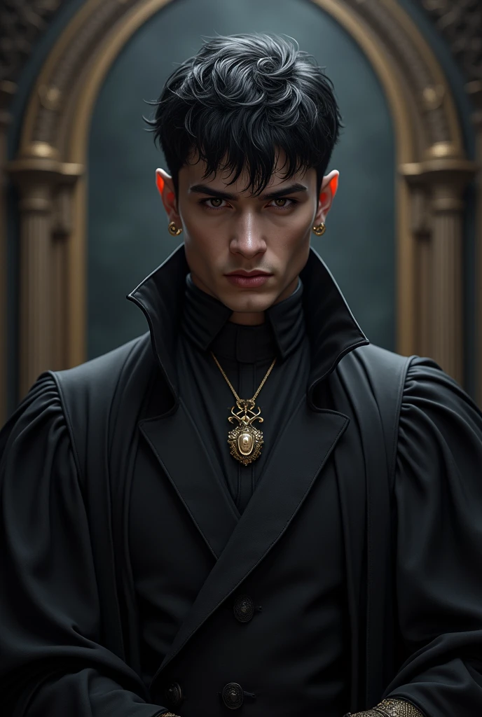 a 20-year-old, ruthless prince with short black hair. He should have a commanding, intense presence, reflecting his cruel nature. His attire should be regal and dark, adding to his imposing and seductive aura