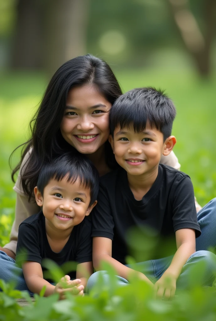 Portrait of a small Indonesian family, black haired mother below the shoulders, two boys aged 6 and 4 wearing black shirts, taking pictures in the park, realistic, 4k