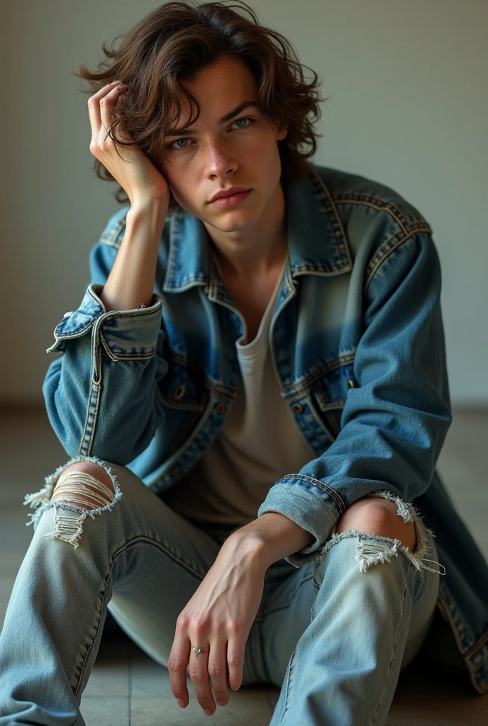 Create an hyper realistic image of Harry styles sitting on the floor, wearing grunge attire and looking younger