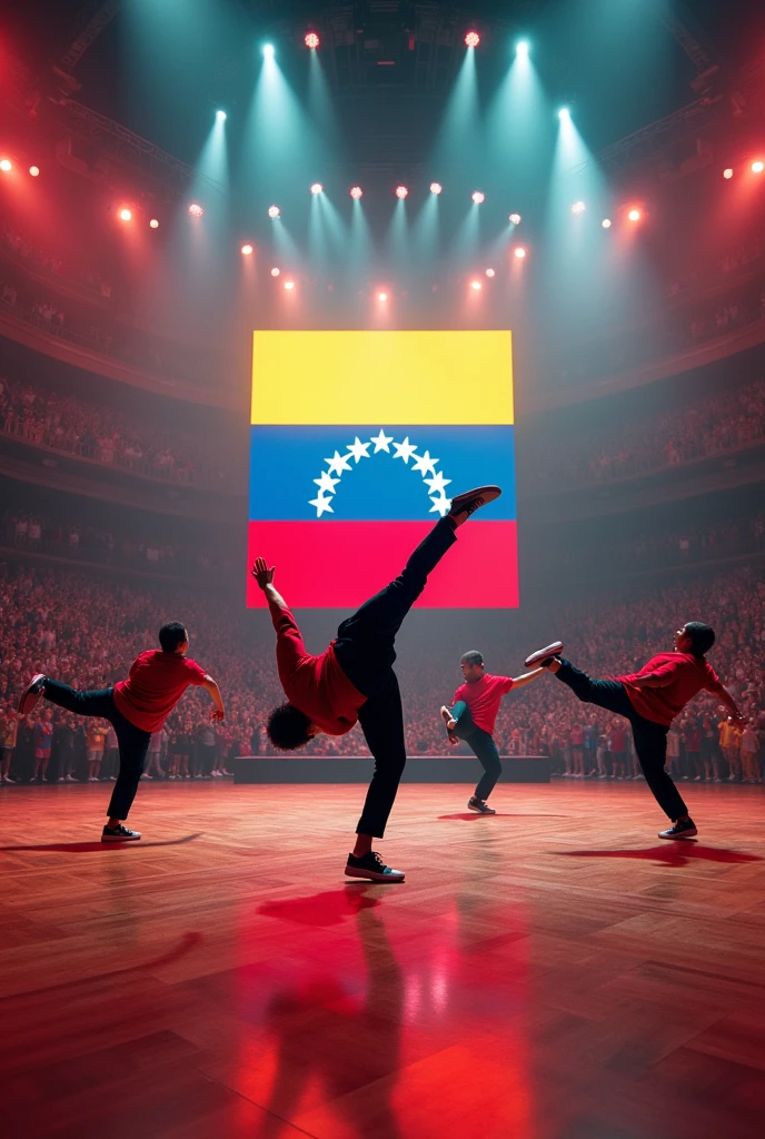 generates an image of several break dancers on a stage doing pirouettes in front of a large crowd, and in the background of the stage a flag of Venezuela