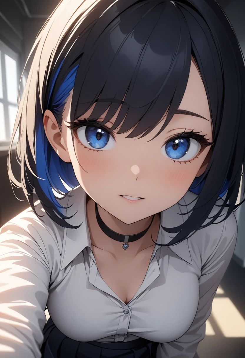 (high quality, 8k, 4K, High Contrast, masterpiece:1.2, 最high quality, Best aesthetics), 1 Female, (Real skin texture:1.3), (Film Grain:1.3), (Selfie angle, High angle), One girl, Beautiful and detailed eyes and face, 最high quality, close, cowboy shot blackshorthair , Blue inner hair White shirt dark blue skirt White shirt choker (half undressed ) Blue colour contact black inner long sleeves