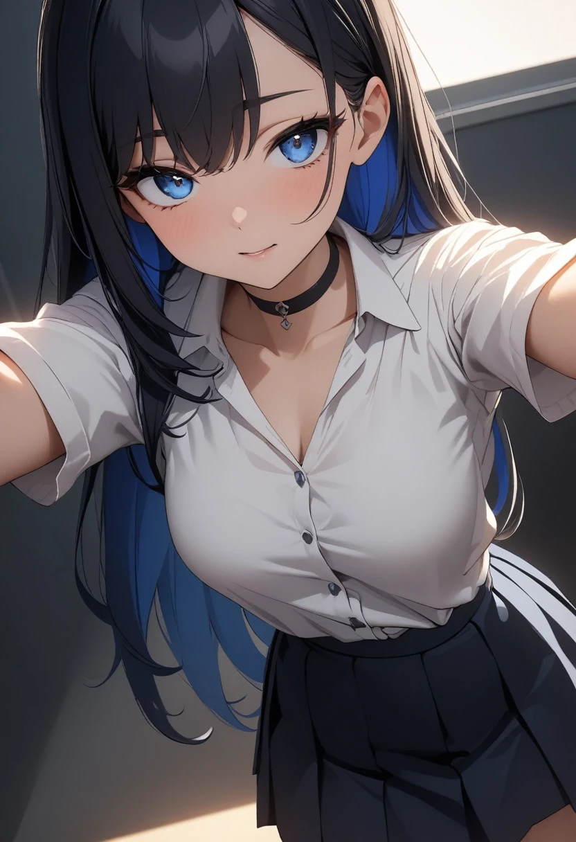 (high quality, 8k, 4K, High Contrast, masterpiece:1.2, 最high quality, Best aesthetics), 1 Female, (Real skin texture:1.3), (Film Grain:1.3), (Selfie angle, High angle), One girl, Beautiful and detailed eyes and face, 最high quality, close, cowboy shot blackshorthair , Blue inner hair White shirt dark blue skirt White shirt choker (half undressed ) Blue colour contact black inner long sleeves