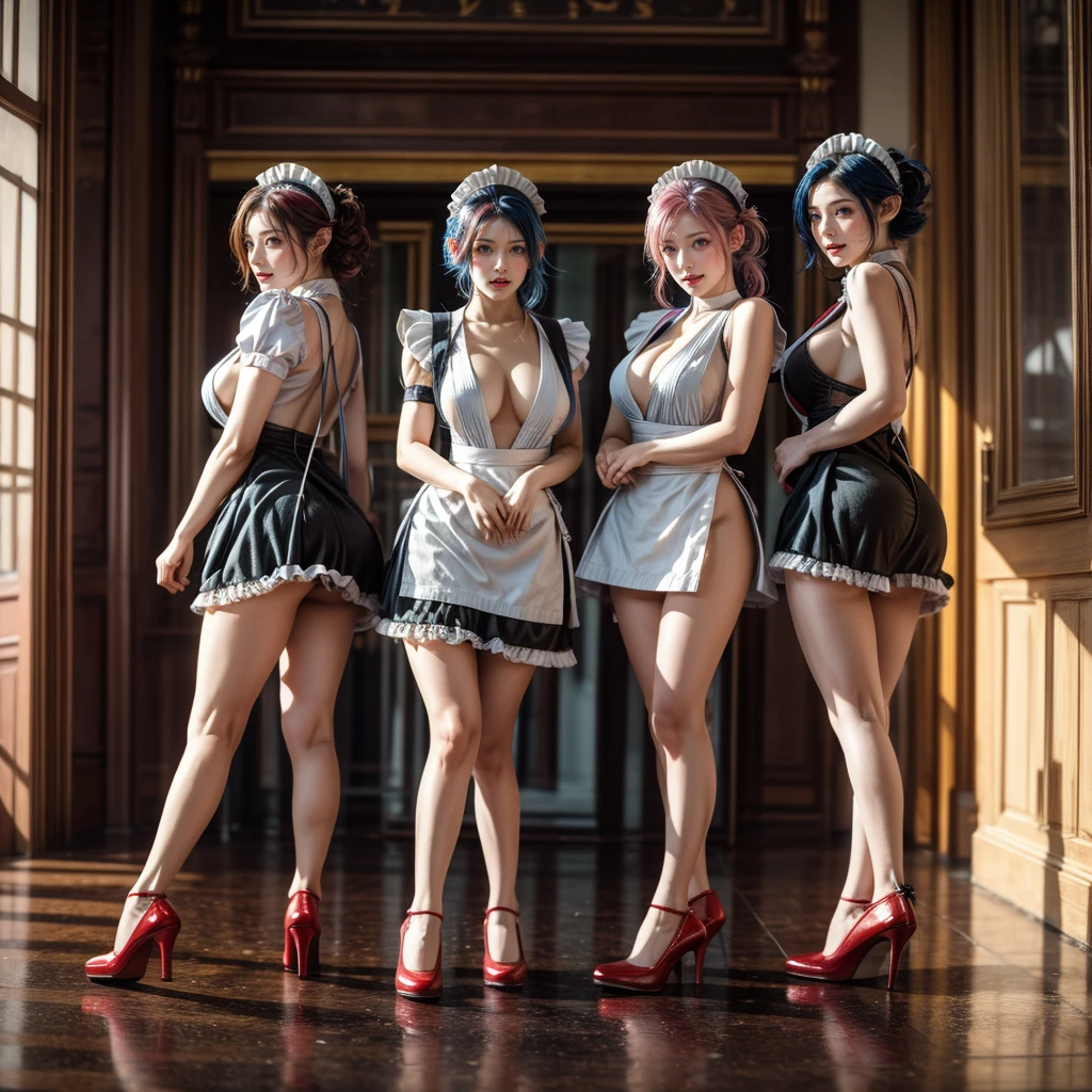 (Full Body of Extremely Detailed((y Maid Group in a row:1.37))), KAWAII perfect face with Reflective Eyes, Detailed(Delicate Clothing textures), Correct Graceful Legs, Dynamic Joyful Expressions LifeLike Rendering, Specular Reflection, TopQuality 8K Ultra-detailed masterpiece (ProfessionalPhoto:1.37), (Acutance:0.8), (Luminism:1.28), Renaissance art style, Colorful Light particles, (Full body from side) {MicroMini Skirt|Kissing Face to Face|Thigh Gap|Cute Peach Assus|(NakedAwith (Overflowing Sideboob))}, Radiant Fine Skin with Transparency, {Pink Hair|LightBlue Hair|Blonde|Pure White Hair|Liquid Hair|Red Shoes}, Perfect Lighting