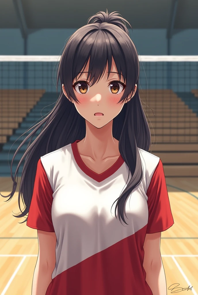 Japanese long-haired high school girl in volleyball club at gym。
The uniform is white on the top.、Red underneath。
A painting that looks like a photograph。