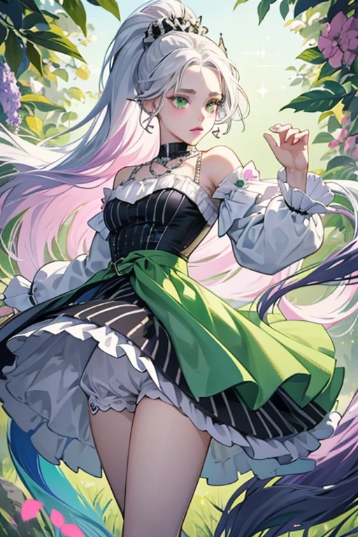 Zelena has white skin with black stripes on her forehead, a black nose, green eyes, black eyebrows, and pink lips. Her black and white hair is tied back into a ponytail that surrounds her zebra ears down to her waist. She has a long zebra tail.
Zelena wears a molded-on blue bodice with a turtle neck collar with a gradient white line down the middle of the bodice and black stripes on the side of the bodice. Her skirt is white with a black band with black stripes on the skirt and green leaves, and purple, blue, and pink flowers scattered across the skirt.
She wears blue shoes with blue fringe at the tops of her shoes. She has a necklace painted onto her bodice of pink, purple, and yellow flowers and green leaves and a yellow headband with blue and pink flowers on it. SPARKLE; GLITTER