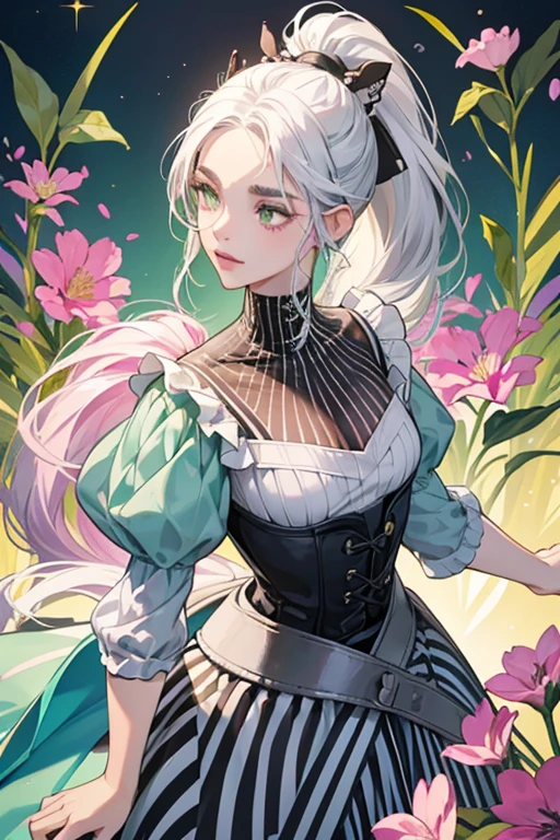 Zelena has white skin with black stripes on her forehead, a black nose, green eyes, black eyebrows, and pink lips. Her black and white hair is tied back into a ponytail that surrounds her zebra ears down to her waist. She has a long zebra tail.
Zelena wears a molded-on blue bodice with a turtle neck collar with a gradient white line down the middle of the bodice and black stripes on the side of the bodice. Her skirt is white with a black band with black stripes on the skirt and green leaves, and purple, blue, and pink flowers scattered across the skirt.
She wears blue shoes with blue fringe at the tops of her shoes. She has a necklace painted onto her bodice of pink, purple, and yellow flowers and green leaves and a yellow headband with blue and pink flowers on it. SPARKLE; GLITTER