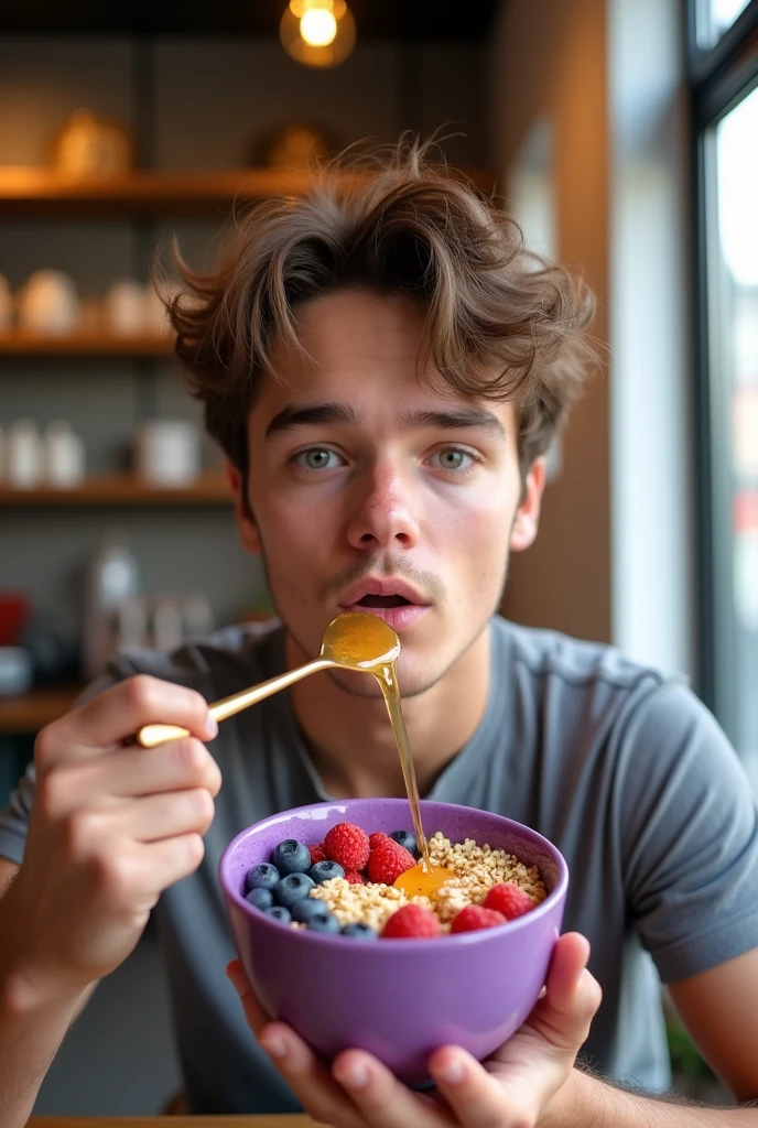 realistic young man, At the acai shop ,brown hair eating acai , ultra HD, high qualiy, best qualityer, high resolution, 8k, 16K
