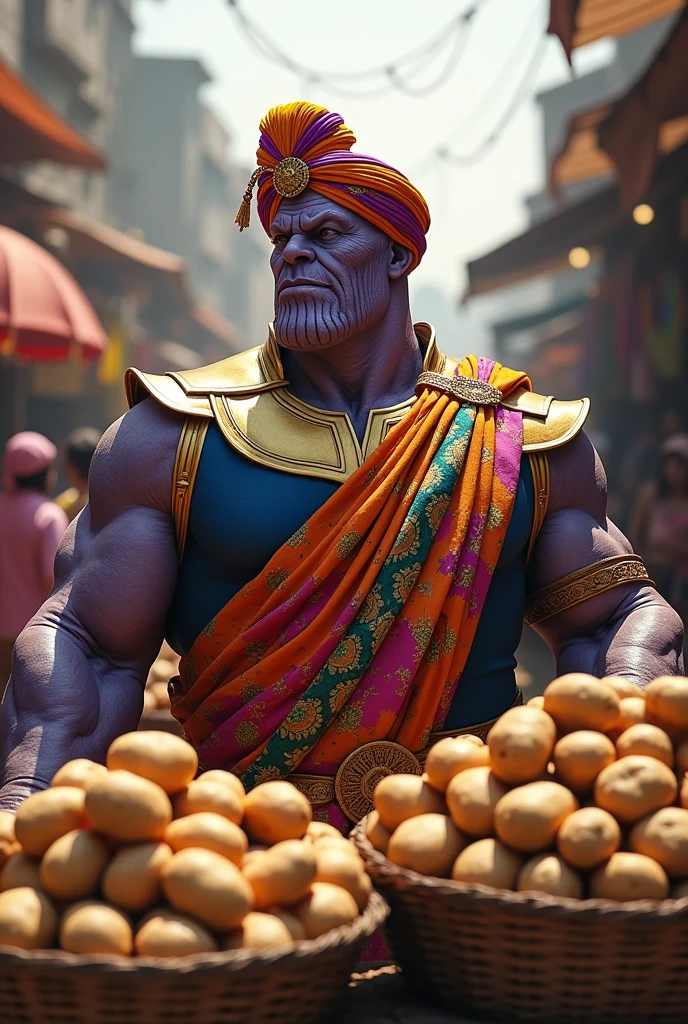 Picture Thanos from Avengers The selling potatoes in a lively Indian market. He is dressed in a vibrant indian attire kurta Dhoti and a turban. His imposing figure stands behind a stall brimming with fresh potatoes, surrounded by a bustling market.