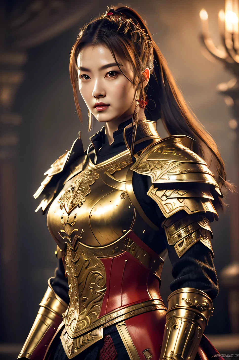 ,(masterpiece, best quality:1.3),(Top image quality,8K,masterpiece:1.3),Realistic high-quality photos, Movie Lighting, Reality, Super beautiful general:1.3), Extremely agile warrior, healthy, Intricate details, Red Armor Costume, Two swords, Ancient female general，20 years old , (Big boobs:1.3)，Black high ponytail
