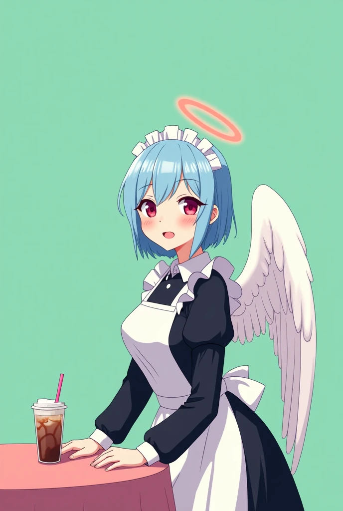 Maid cafe maid with short blue hair, Red eyes, a sensual and happy expression, age range between 18 and 26 years, with angel wings, black long sleeve uniform, anime style completely in 2D, with pastel colors, with a completely flat and green background