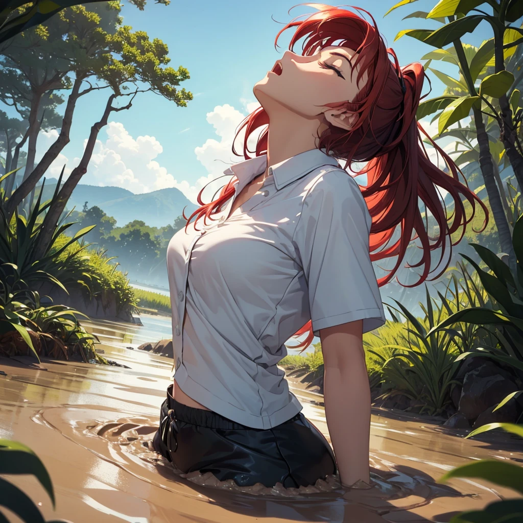 1girl, solo:1.5, masterpiece, best quality, high res, highly detailed, (illustration), beautiful detailed eyes, yuigahama yui, red hair ponytail, glossy lips, light makeup, orgasm, (looking up to the sky:1.5), (mouth open:1.2), intimate moment, white tee shirt, (quicksand:1.4), (submerged up to her torso), (from side:1.4), bog, swamp, grass, trees, (eyes closed:1.3),