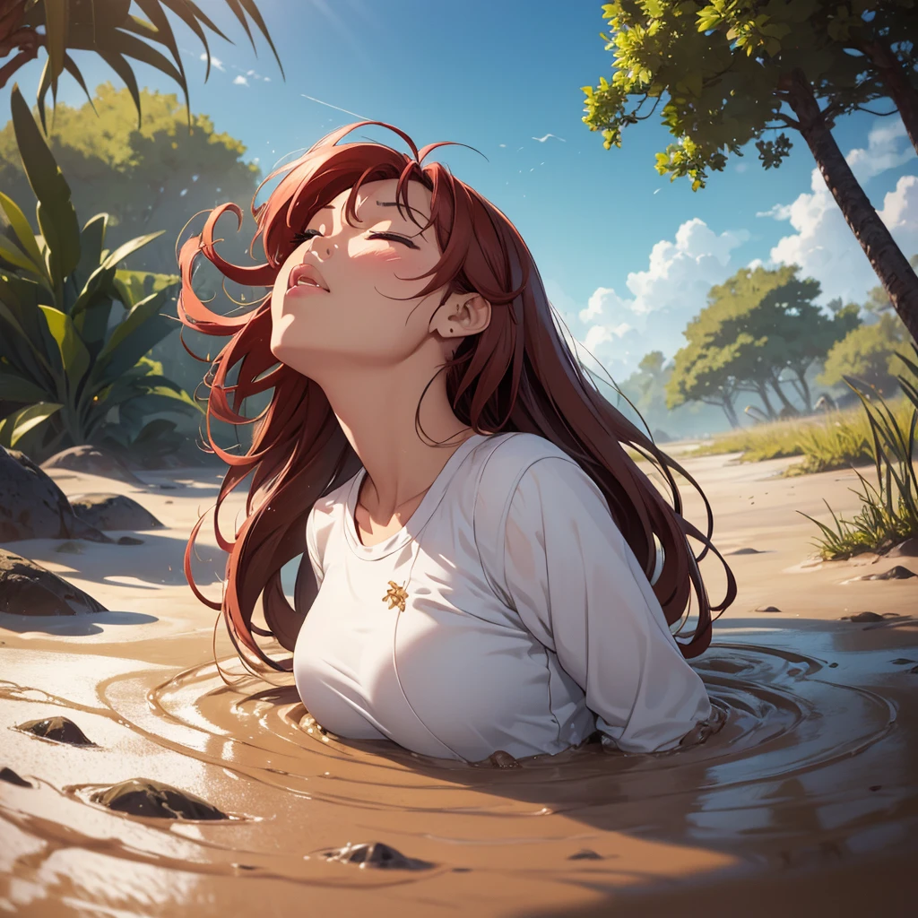 1girl, solo:1.5, masterpiece, best quality, high res, highly detailed, (illustration), beautiful detailed eyes, yuigahama yui, red hair ponytail, glossy lips, light makeup, orgasm, (looking up to the sky:1.5), (mouth open:1.2), intimate moment, white tee shirt, (quicksand:1.4), (submerged up to her torso), (from side:1.4), bog, swamp, grass, trees, (eyes closed:1.3),