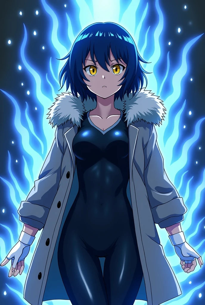 Screenshot of my hero academy, Girl with navy blue hair and lighter blue streaks, yellow eyes, Light skin and a slightly confused, frowning expression. While wearing a dark suit that covers his torso and even above his thighs,Her suit leaves her chest uncovered. (Your suit at the bottom is like a thong type) While wearing a furry grey coat, He wears the hood of his coat over his head.,He is wearing dark wide trousers, And some white fingerless gloves, While around it there are some blue rays, And blue rays also come out of his hands.