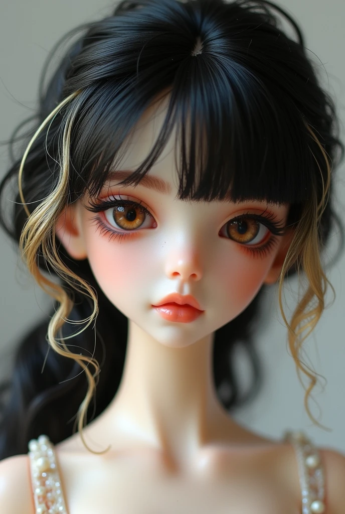 black haired blythedoll doll with blonde highlights and a little bit tanned skin
