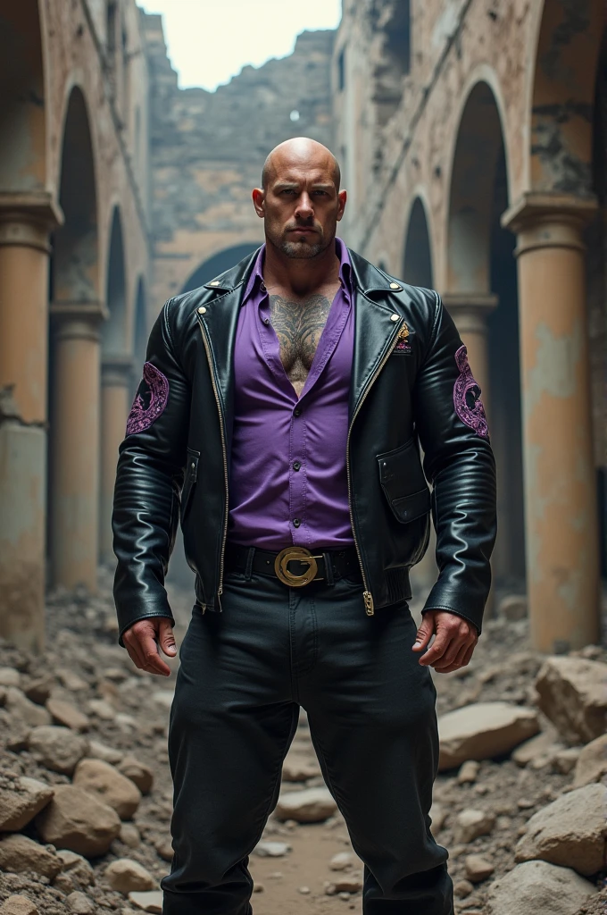 Big body builder white bald men wearing unbuttoned purple shirt with logos and black leather jacket at destroyed old palace