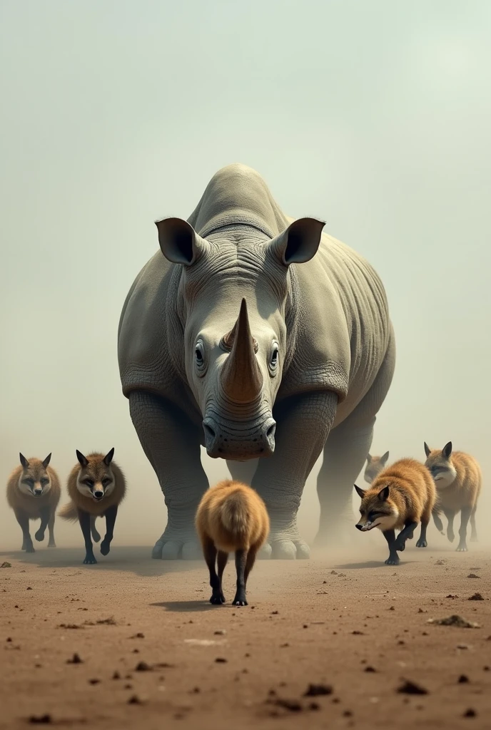 Rhino surrounded by angry foxes in open space