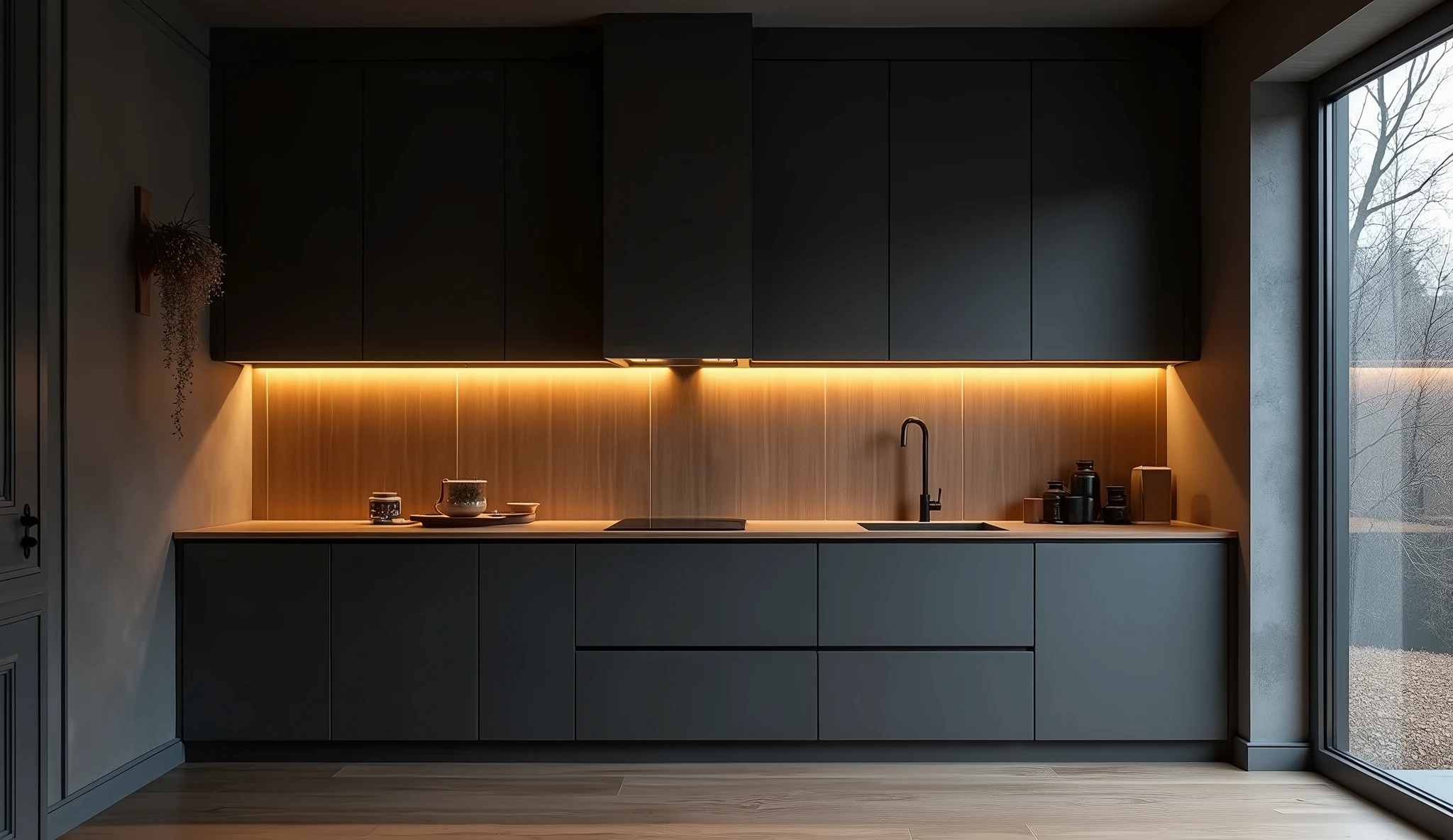 photo. Built-in designer kitchen in dark gray tones with wooden countertop. Dim yellow light. Ambient fog. Vignette. Light temperature 1500 Kelvin.