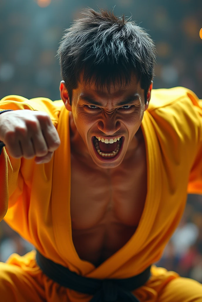 first person view, 8k, martial arts championship, against a Japanese man in a yellow kimono, attacking his face, showing hatred with his teeth clenched, strong and defined abdomen and chest, closed fist, realistic, adrenaline, emotion, first person view!