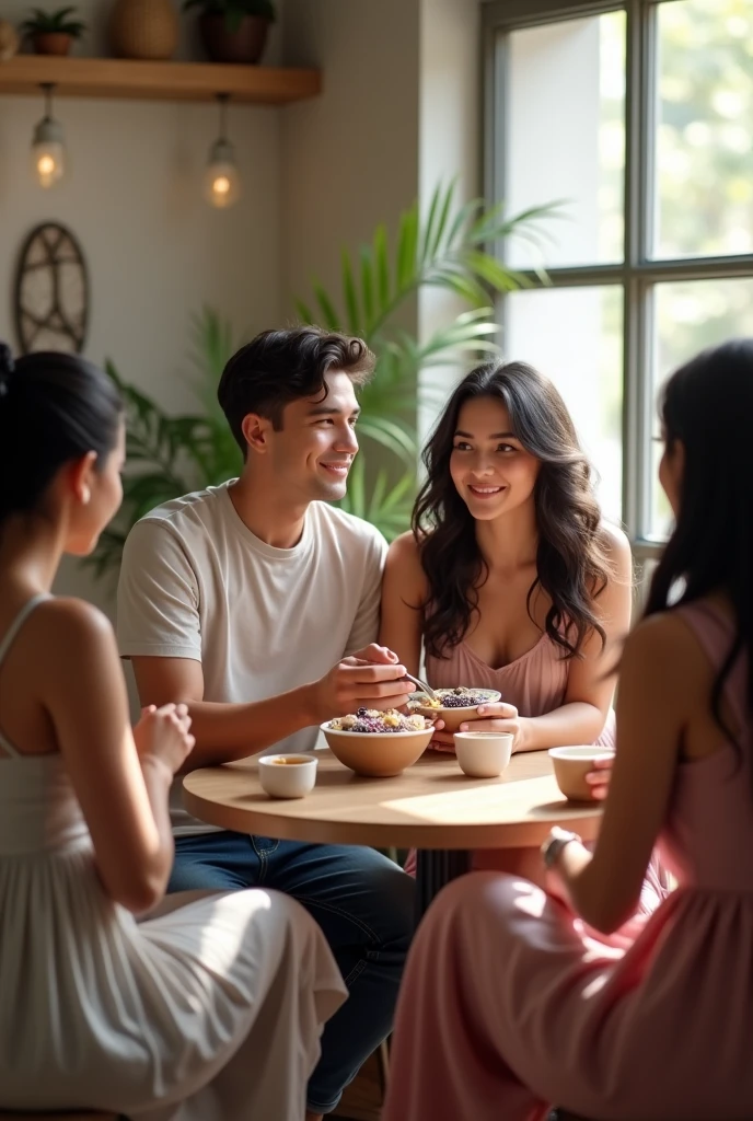 Man and realistic girlfriend , At the acai shop ,black hair eating acai , with friends Ultra HD, high qualiy, best qualityer, high resolution, 8k, 16K