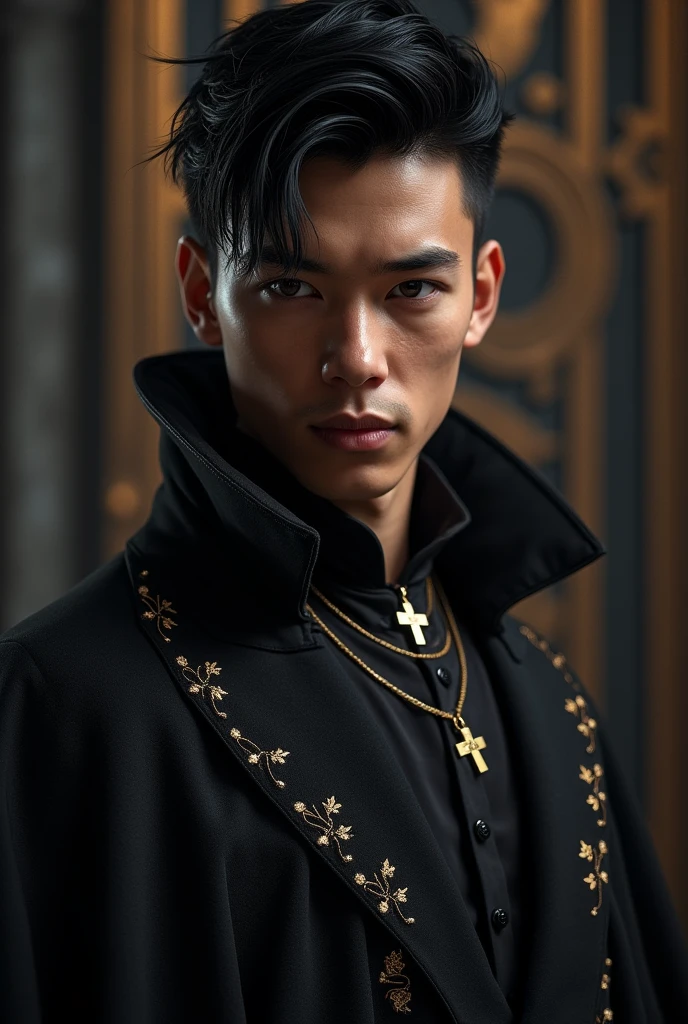 a 20-year-old, ruthless prince with short black hair. He should have a commanding, intense presence, reflecting his cruel nature. His attire should be regal and dark, adding to his imposing and seductive aura