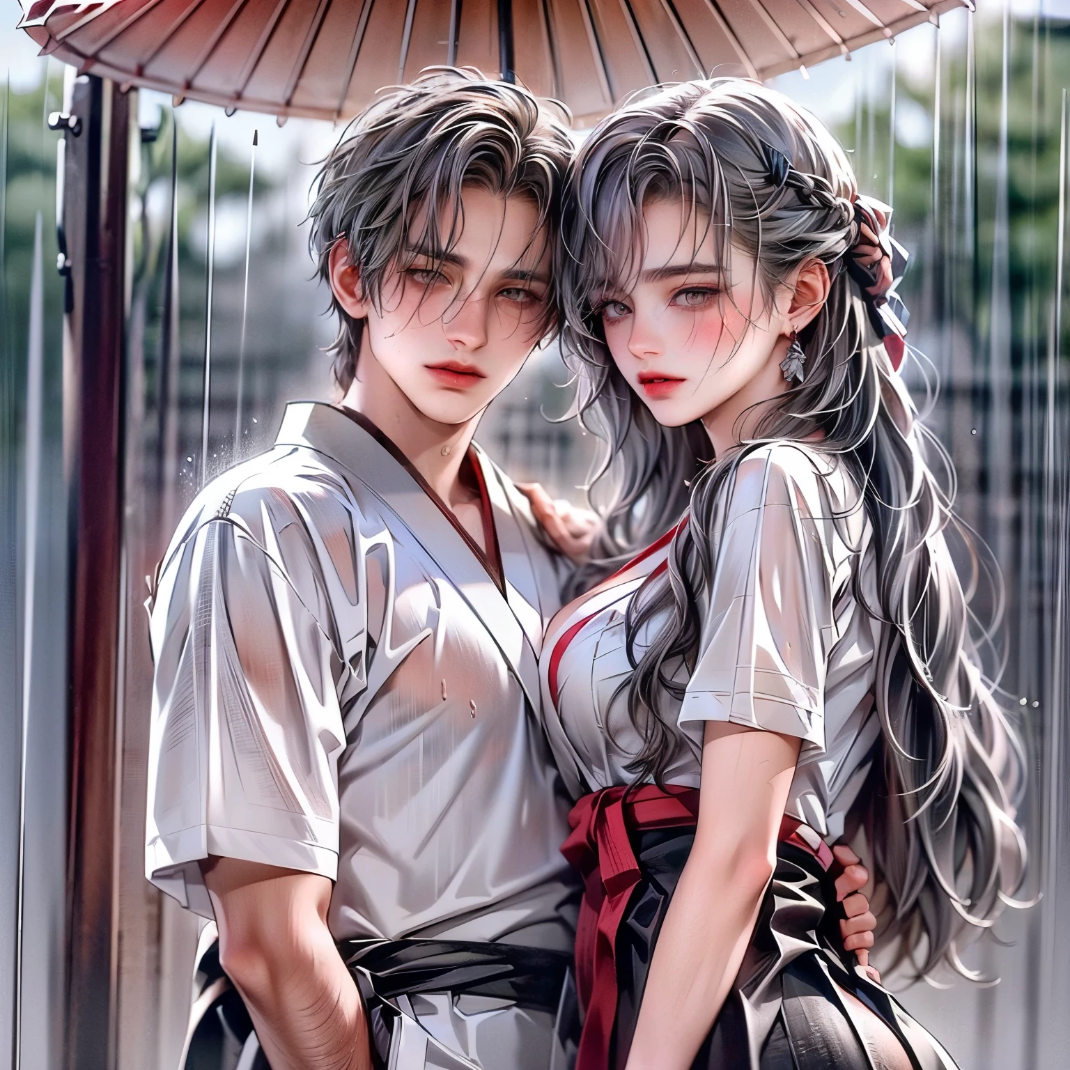 (masterpiece), (5K), (best quality), 2d Couple, ((a young gray hair couple)), ((a gray hair woman ,  sharp eyes, slit_ pupils, pale eyes, small boobs, red dress)), brown eyes, ultra well detailed eyes, ((a gray hair guy)), ((japanense clothes), beautiful couple pose, raining