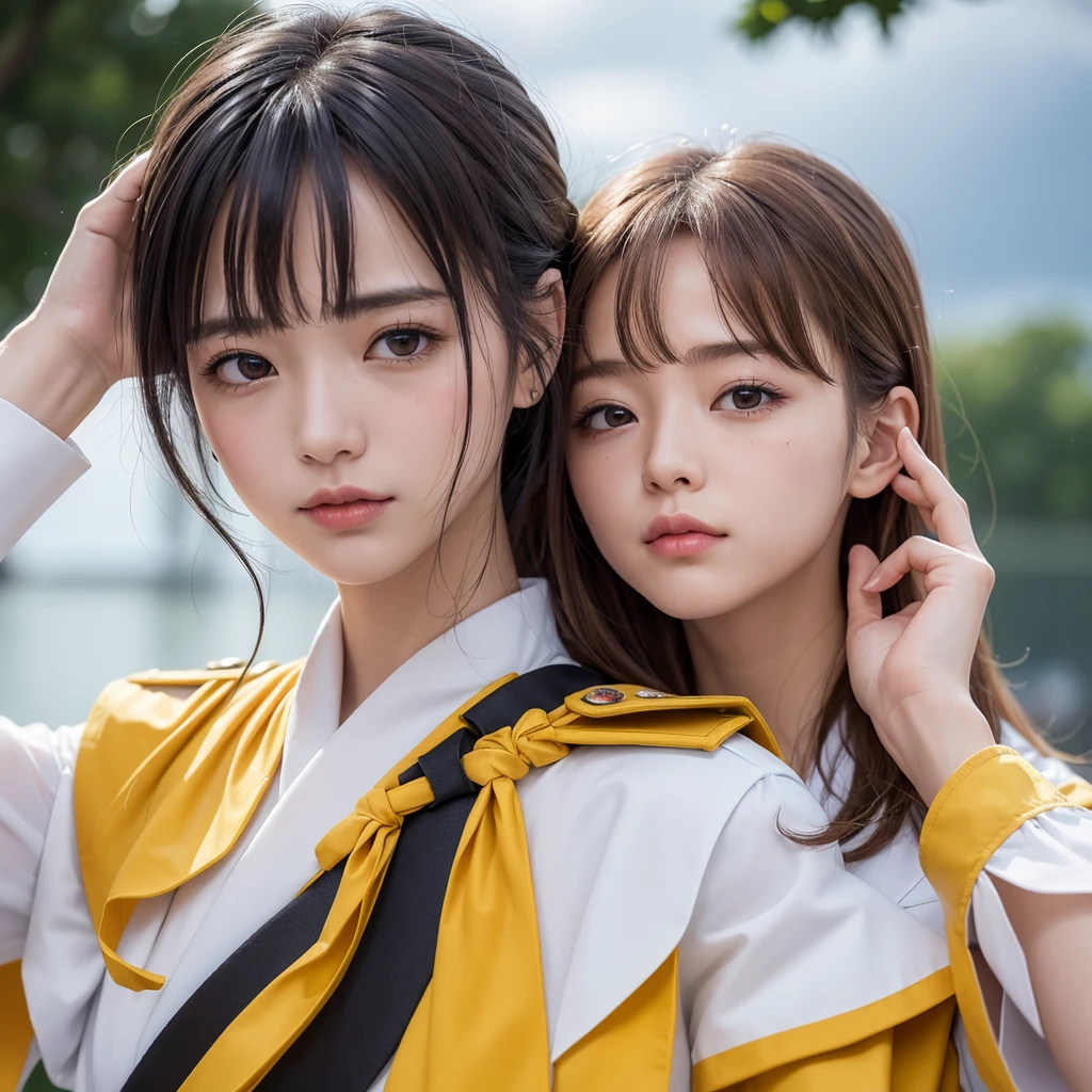 masterpiece, Highest quality,, Sakura Bakushin o (umamusume),,  (close-up:1.2), rain, cloud, cloudy, shadow,, Serious, Raise the hand, Underarm, closed mouth, mouth hold,, Epaulettes, black gloves, No sleeve, yellow neckerchief, shirt, Tying up hair, 