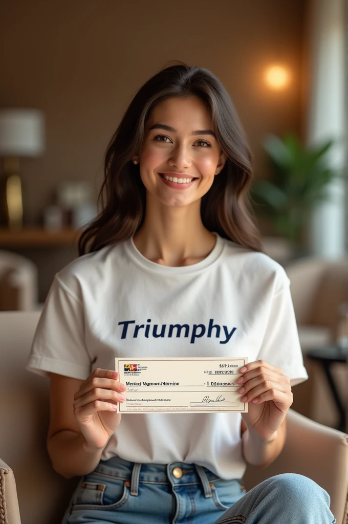 A fair beautiful lady wearing a T-shirt with the name triumph writing on it. She is sitting in a beautiful salon holding in her hands a check of one thousand dollars issued to the name MANIKEU NGAMENI HERMINE
