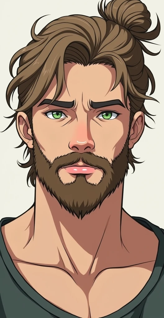 I want an anime version profile picture of a young bearded man , Caucasian skin, Light brown bun hair, dry leaf eyes with wavy hair and bangs and a mid fade color, He weighs 80 kg and has 15 percent body fat and is 173 cm tall..