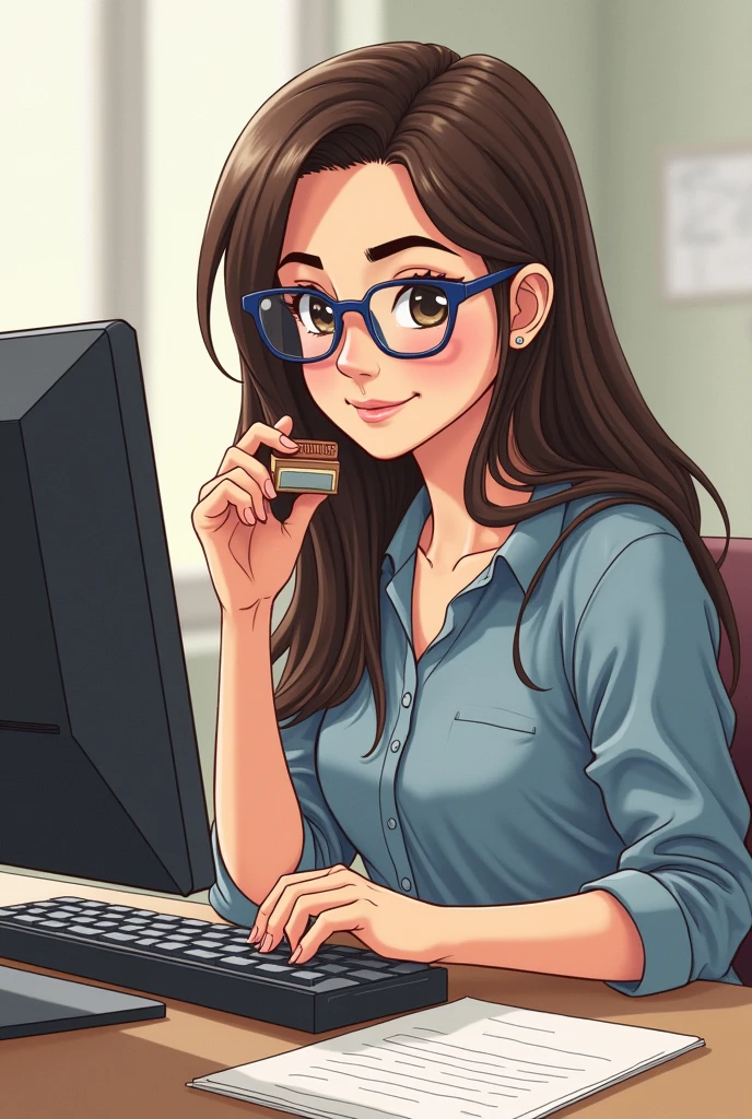 drawing of a brunette woman, with hair parted on the side and long, dark brown color , wearing reading glasses with a half-rectangular frame in blue and black, with small dark brown eyes , with thick and well-defined eyebrows, with a round face and big cheeks, square jaw, wearing casual clothes, working on a computer, happy and satisfied facial expression with what you do at work, holding a stamp close to your face