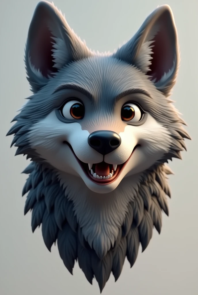 3D illustration. Wolf head with expressive eyes, short square muzzle and a friendly smile showing teeth. With dark grey fur. 