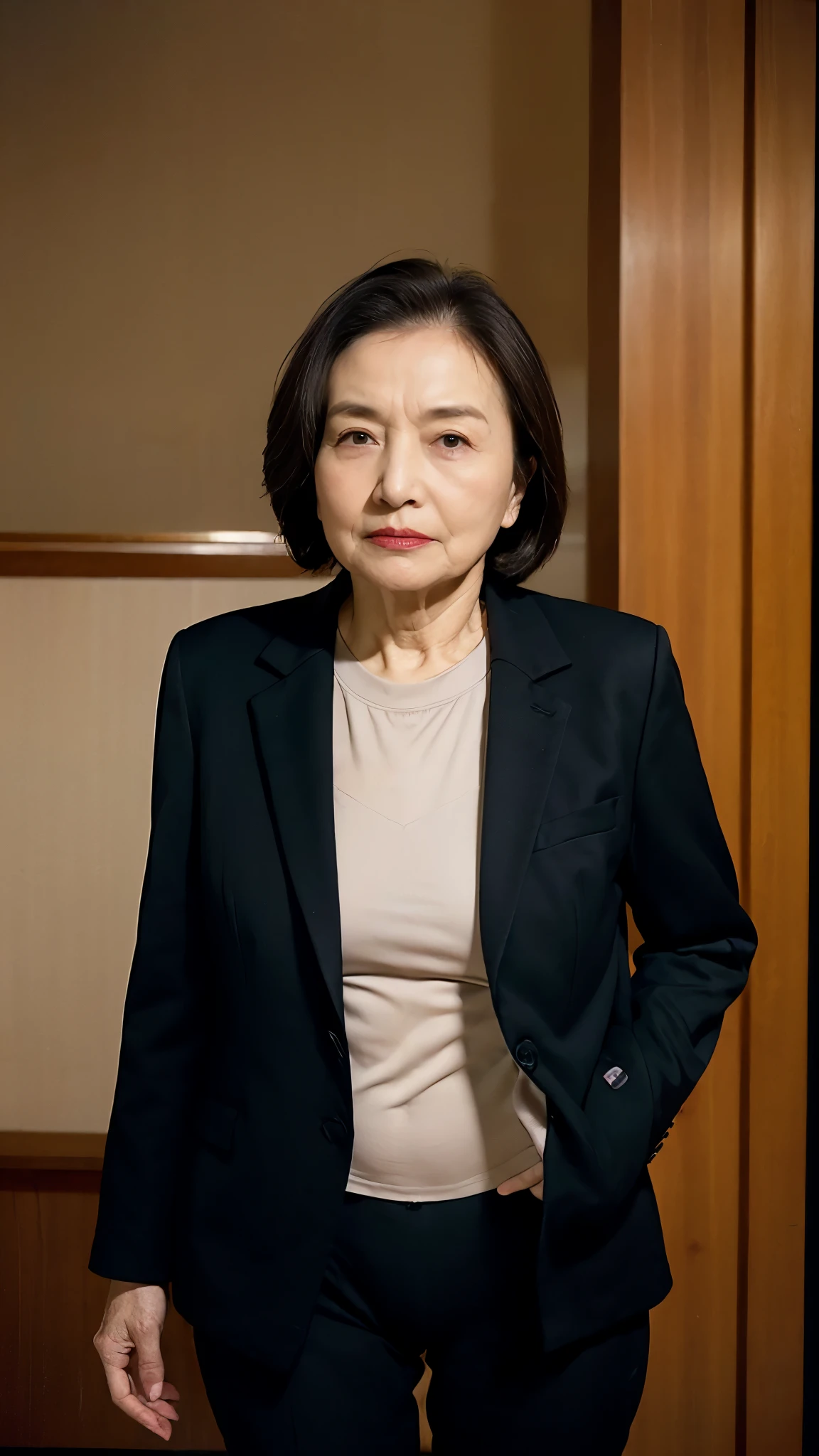masterpiece, ((Depth of written boundary)), 32K, Beautiful finish, Face close-up, Beautiful mature woman, 90-year-old woman, Photo of your ID, Business operator, chief executive officer(CEO), View from the front, Angry gaze, Cool look, Red lips, Thin lips, ((Wearing a suit over underwear:1.3)), Light from the front,