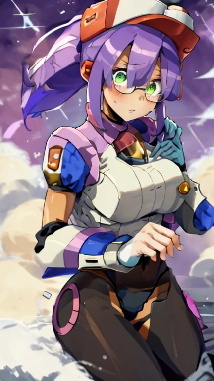 Layer_MegamanXDive, 1 Girl ,Looking at the viewer , Purple hair, Green eyes,marriage altar background , Blushed, Fío Germi Cosplay , Glasses, Sitting, Cap, ponytail coming out from behind the cap