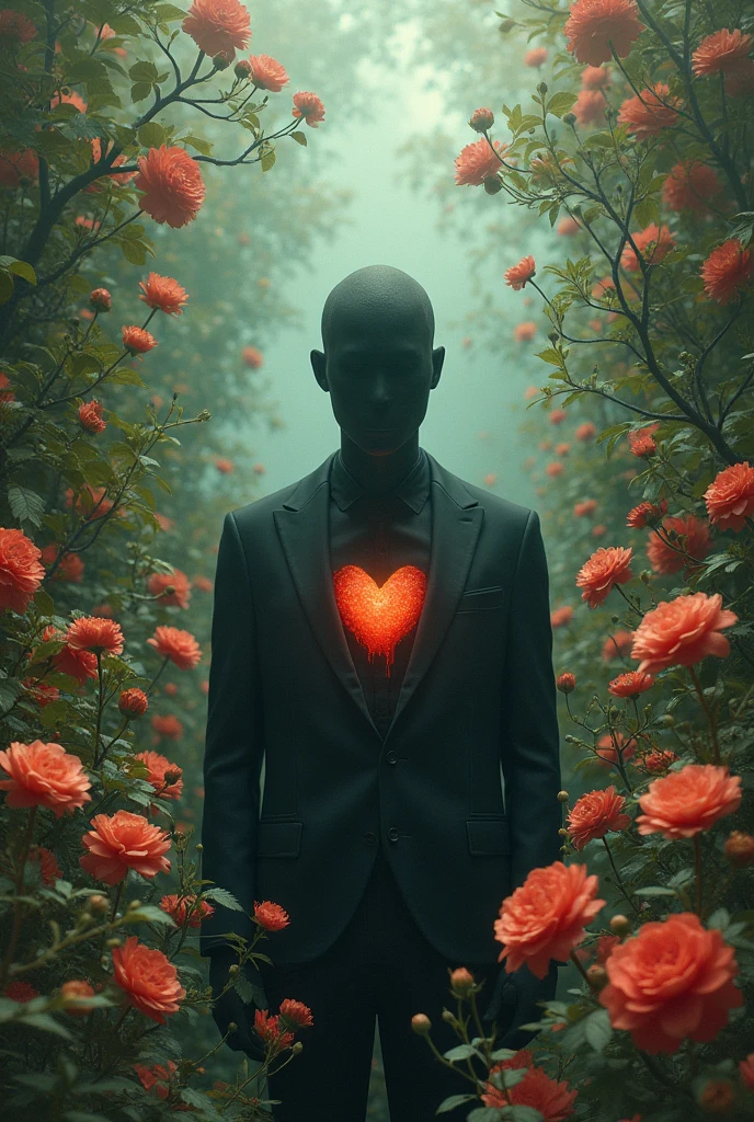 Faceless man surrounded by flowers with a hole in his chest in the shape of a heart