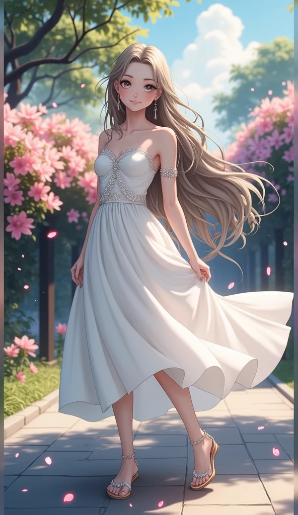 (masterpiece、Highest quality、8k、High resolution)、(One female、Beautiful Face、Beautiful eyes、Beautiful lips、Beautiful nose)、smile、The white upper teeth are faintly visible、Silver blonde medium hair、(The best girl in anime)、garden、blue sky、Colorful flowers are blooming、Vibrant colors、Red roses are beautiful、(Body、whole bodyから神秘的な光の粒子、Colorful light particles、A mysterious light glowing around the head)、melt、jewelry、necklace、dress、(whole body)、Highly detailed anime art、A complete portrayal、