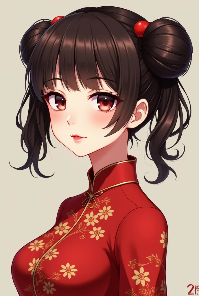 Anime girl with two dark brown onion pigtails with straight bangs, red chinese dress, black painted lips