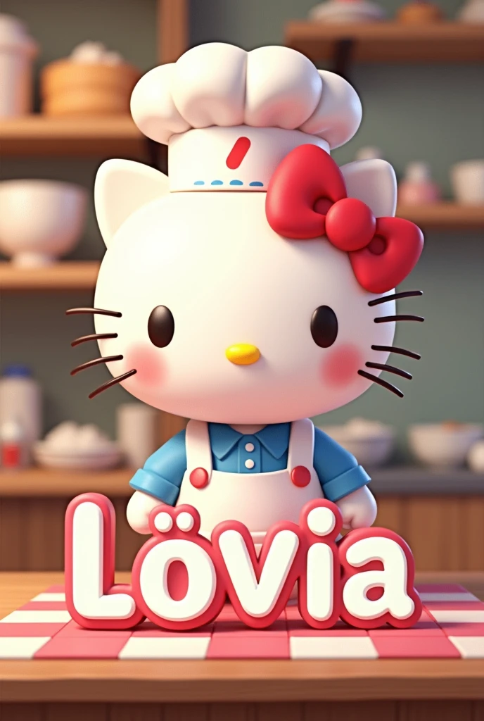 Make a picture of a Hello Kitty baker with the words Lívia 7 years old written on it
