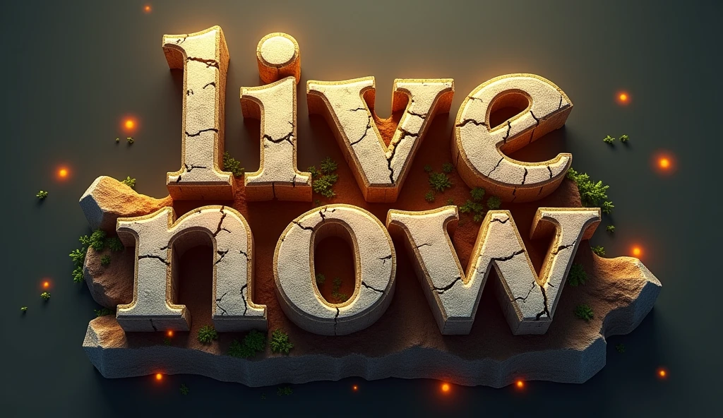 Create a 3D stylized text design for the word 'LIVE NOW' using a medieval fantasy-themed font. The font should have a bold, blocky appearance with subtle curves and intricate details. The letters should have a stone-like texture, with small cracks and moss growing on the edges to enhance the ancient, mythical feel. Use a rich golden color with a metallic finish for the text, and add glowing accents around the edges to make it stand out. The overall design should be majestic and powerful, suitable for a fantasy-themed logo
