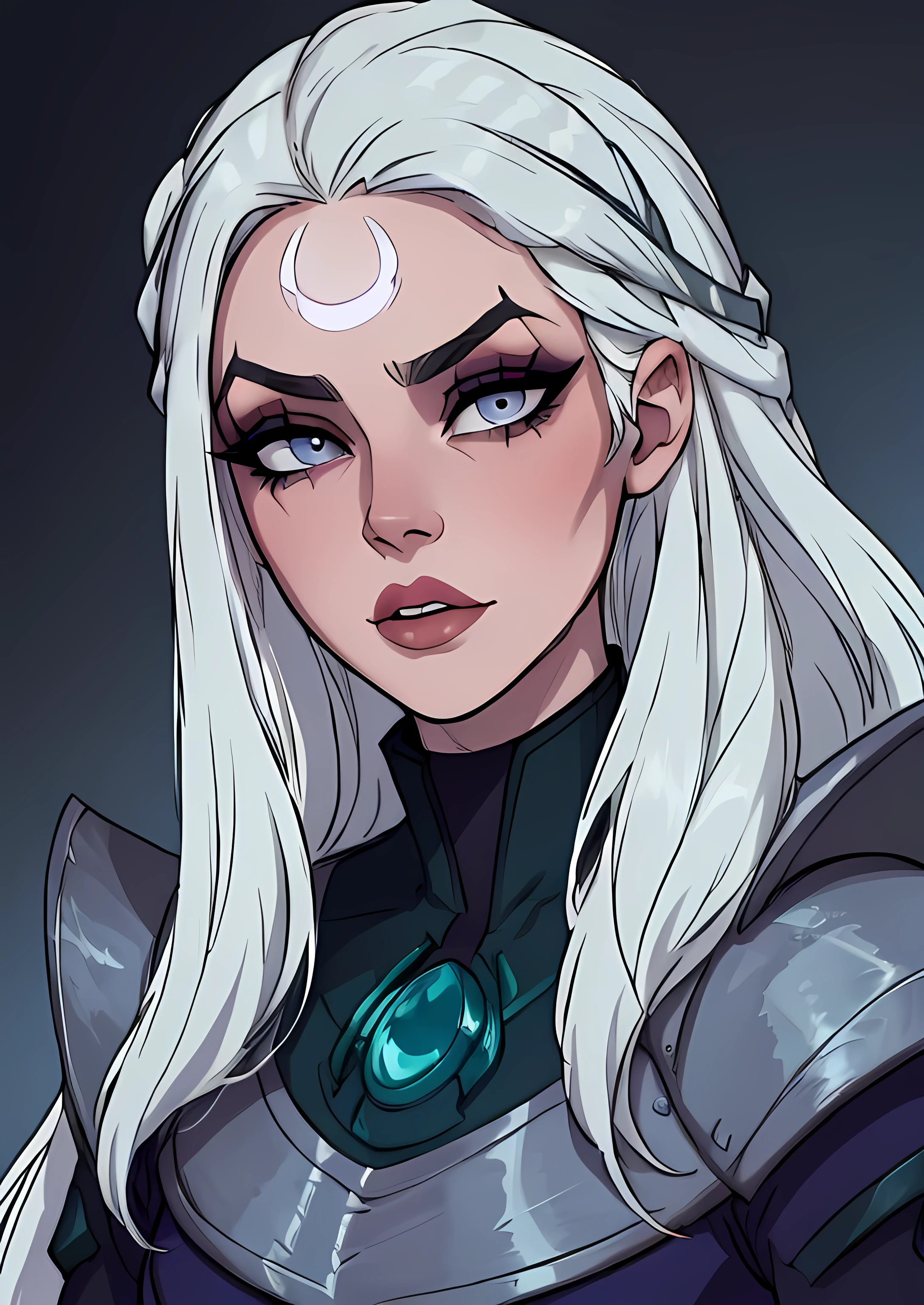 masterpiece, best quality, 1female, beautiful, face portrait, intense makeup, gray eyes, very pale skin, shy, mad, long hair, white hair, diana \(league of legends\), deep dark makeup