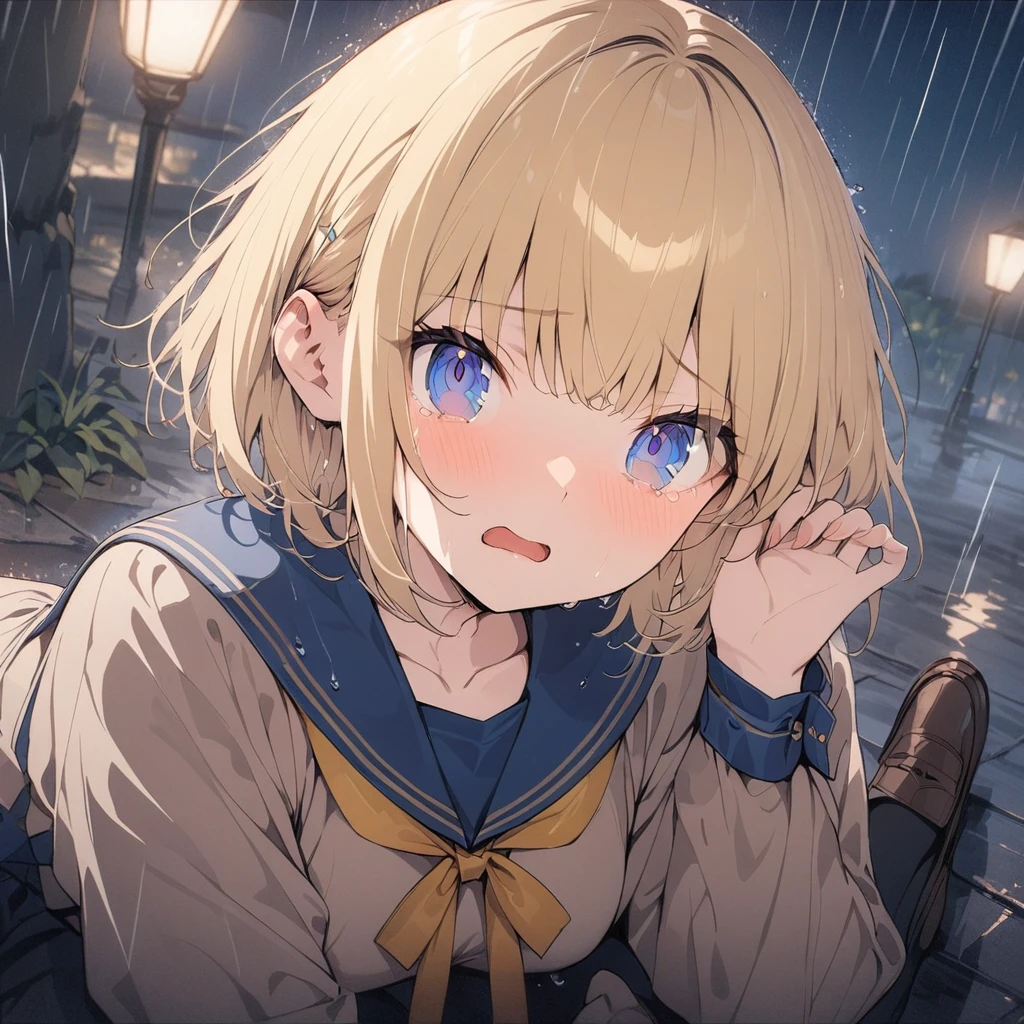 (((anime))) One woman,The woman is covering her ears,(Blonde),Short Hair,Short Bob,Blue headband (blue eyes),cry,Teary-eyed beige sailor suit,Blue collar,Yellow scarf Black tights,Up to the feet,Brown loafers in the rain,night,star masterpiece,Highest quality,Exquisite,8k,Absurd,Ultra-fine illustrations,(View your viewers)