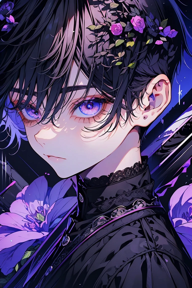(Mastepiece), (Best Quality), Very detailed, 1 boy, Solo Shooting, Perfect Face, Beautiful Face, Very detailed顔,(black Short Hair:1.3),(Big eyes:1.4),(Long eyelashes:1.4)、(black Eyes:1.3)、Lots of flowers