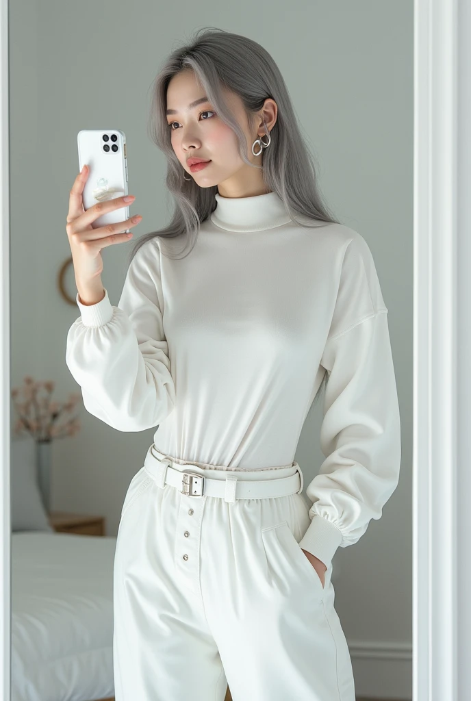 highly detailed, beautiful, hyper Realistic girl, masterpiece, best quality, Japanese sexy gravure woman, 18 years old, identity hidden, takes a selfie in her room using a smartphone in front of a mirror with one hand, fashion model Posing, standing, looking away from the camera, /// gray arranged hair, light color eyes, Realistic skin, Detailed face, /// white-themed, futuristic-inspired casual fall outfit. The ensemble should feature a high-collared, white long shirt with metallic accents, paired with a sleek, form-fitting turtleneck in a soft white fabric. Combine this with high-waisted white joggers made from a lightweight, tech-inspired material. Footwear should include white, futuristic sneakers with transparent soles. Accessories might involve a slim, metallic belt and a minimalist white crossbody bag with holographic details. The overall look should blend modern functionality with futuristic elements, offering a fresh, forward-thinking take on autumn fashion, /// Monotone simple modern taste single room, mirror, complicated background