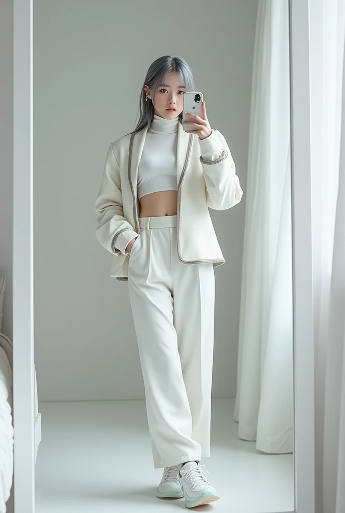 highly detailed, beautiful, hyper Realistic girl, masterpiece, best quality, Japanese sexy gravure woman, 18 years old, identity hidden, takes a selfie in her room using a smartphone in front of a mirror with one hand, fashion model Posing, standing, looking away from the camera, /// gray arranged hair, light color eyes, Realistic skin, Detailed face, /// white-themed, futuristic-inspired casual fall outfit. The ensemble should feature a high-collared, white long shirt with metallic accents, paired with a sleek, form-fitting turtleneck in a soft white fabric. Combine this with high-waisted white joggers made from a lightweight, tech-inspired material. Footwear should include white, futuristic sneakers with transparent soles. Accessories might involve a slim, metallic belt and a minimalist white crossbody bag with holographic details. The overall look should blend modern functionality with futuristic elements, offering a fresh, forward-thinking take on autumn fashion, /// Monotone simple modern taste single room, mirror, complicated background