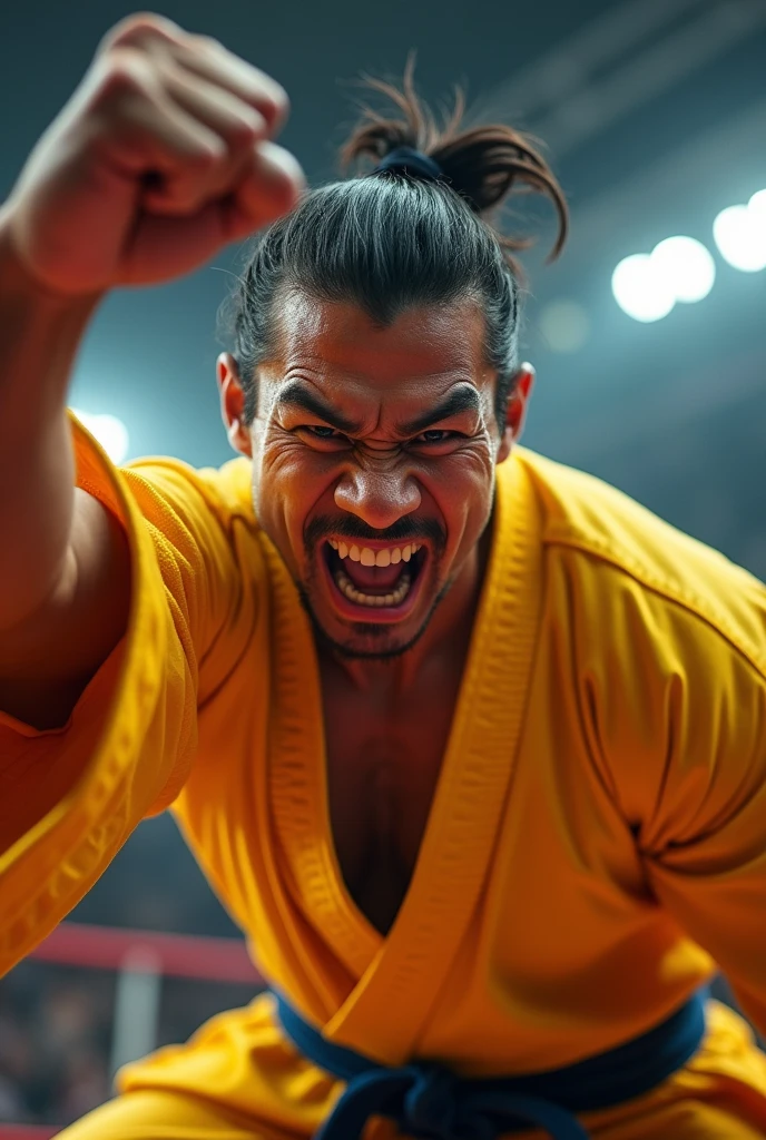 first person view, 8k, martial arts championship, against a Japanese man in a yellow kimono, attacking his face, showing hatred with his teeth clenched, strong and defined abdomen and chest, closed fist, realistic, adrenaline, emotion, first person view!