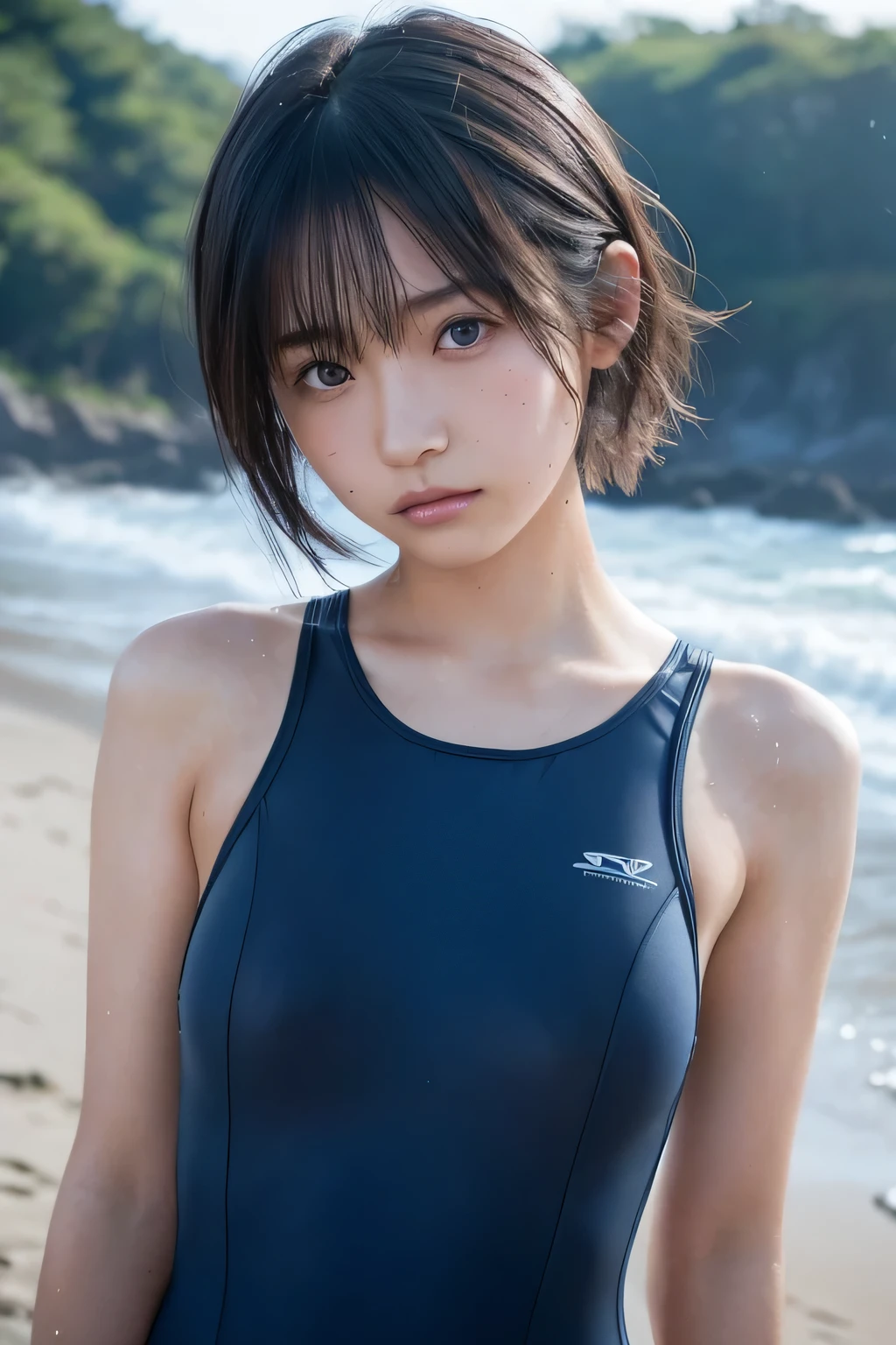 Hair blowing in the wind、Sweaty skin、Sweaty hair、Wet clothes、Coast at dusk,A cute girl with a face like a Japanese idol, Short Hair, Skinny body、athlete、(Cinema Lighting),(Natural light),(High level of artistry),(artistic),(Indistinguishable quality from the real thing),{{RAW Photos}},{{Genuine}},High resolution,masterpiece, beautiful, Handsome Tomboy, Looks like a salon model, Cool face, (nsfw),、Puzzled、shame、sleepy、(Spoiled:1.4), Cowboy Shot、Wet, tight one-piece swimsuit、School swimsuit that clings to the body, Sexy model posing、