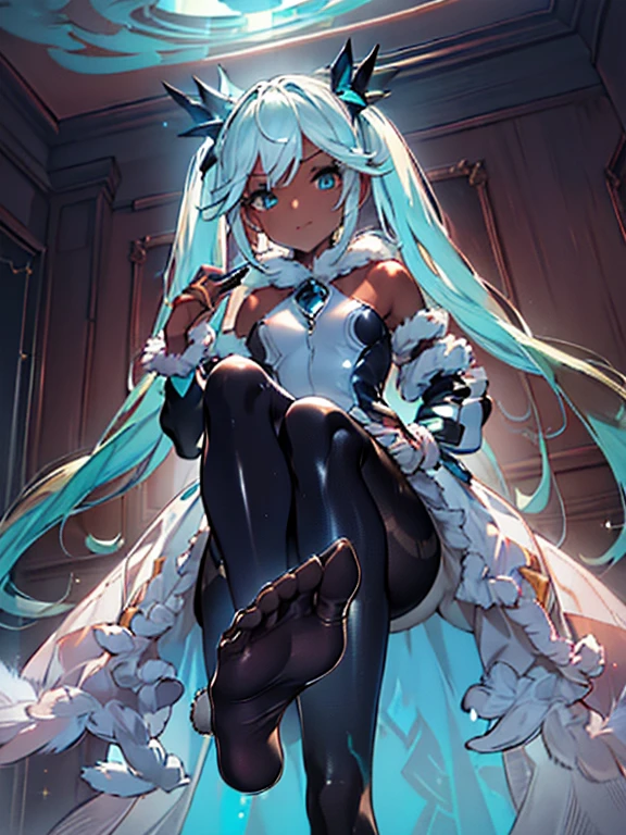 FFA, (from below), (leg up), sole, feet, looking at viewer, (upper body:1.2), (sitting), (cowboy shot),
(Show off the soles of your feet:1.4),Put your hand on your cheek,
indoor,Wooden inn, Shabby bed,
High resolution,Sharp focus,(Super detailed,Very detailed),(Very detailed CG unity 8k wallpaper),(((Vibrant colors))),{best illustration},
Iooikles,Platinum Blonde Hair,Twin tails, hair ornaments, (complete anatomy),
Complex eyes,Beautiful Eyes,Symmetrical eyes,Big eyes:1.5,Seductive eyes, (((dark skin,dark_skin,lustrous skin:1.5,bright skin: 1.5,
skin tanned, shiny skin,very shiny skin,Shiny body,plastic glitter,
skin,exaggerated shiny skin,illuminated skin))),Perfect Fingers,
(Detailed body),(Detailed face)), cute,Lewd,erotic,Bold,Camel Toe,
small breasts,Revealing clothing,show skin,
(((Sexy aqua fur coat, Aqua fur coat outfit,
wearing a Ice Dress:1.3,aqua 冬 coat))), ((Ice Dress,elegant Ice Dress)),
(White gloves,White clothes,(((Complex outfit,Complicated clothes,Embroidered costume,Glamorous costumes,Embroidered clothes,
(((Glamorous clothing))),White Dress, skinsuit, Bodysuits, pantyhose,Black knee socks, Removable sleeves,
Arrogant look, Domineering smile,
(Flying debris, 超High resolution),Wear an iridescent aura,
Invisible Light, Amazing shine, Neon orange glow, The colors of another world,Bright colors, Ghostly Effects,