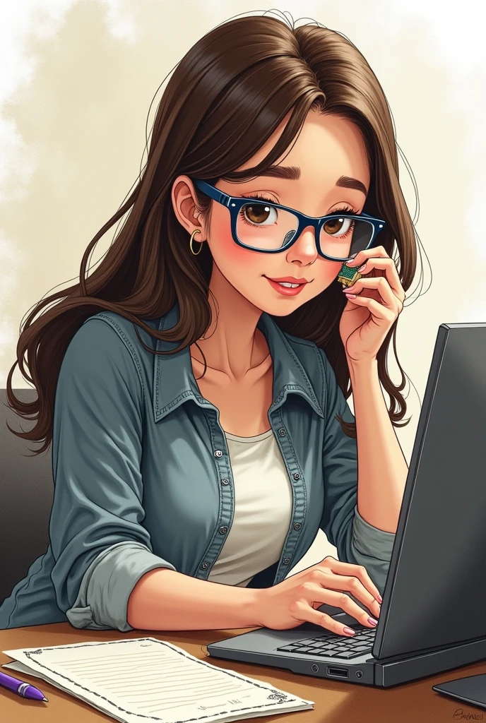drawing of a brunette woman, with hair parted on the side and long, dark brown color , wearing reading glasses with a half-rectangular frame in blue and black, with small dark brown eyes , with thick and well-defined eyebrows, with a round face and big cheeks, square jaw, wearing casual clothes, working on a computer, happy and satisfied facial expression with what you do at work, holding a stamp close to your face