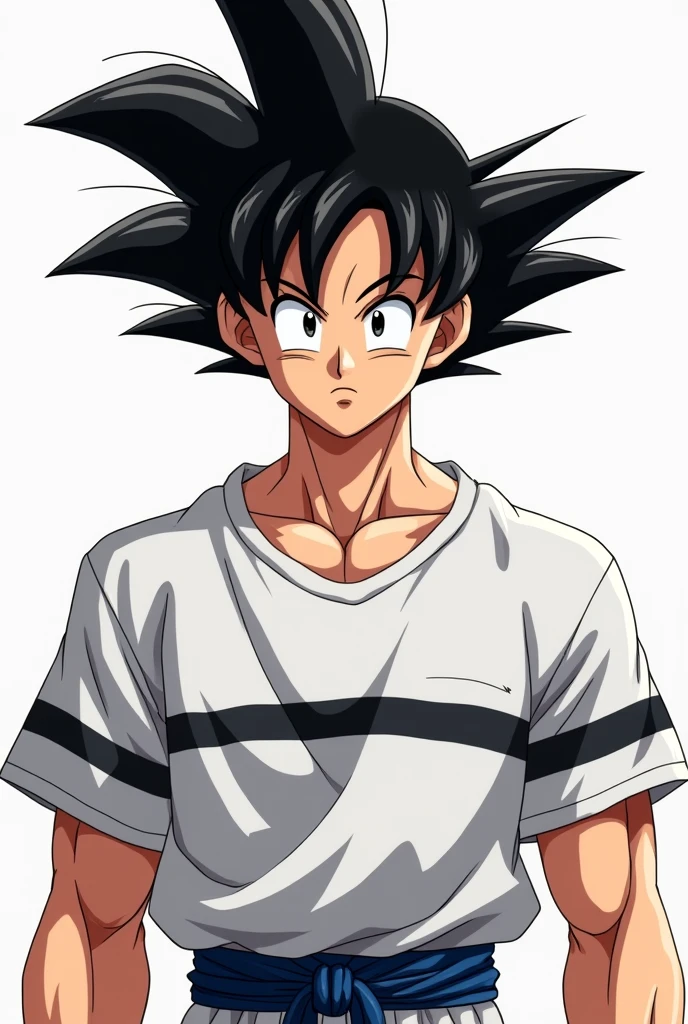 Goku with a white shirt and a horizontal black stripe on his chest